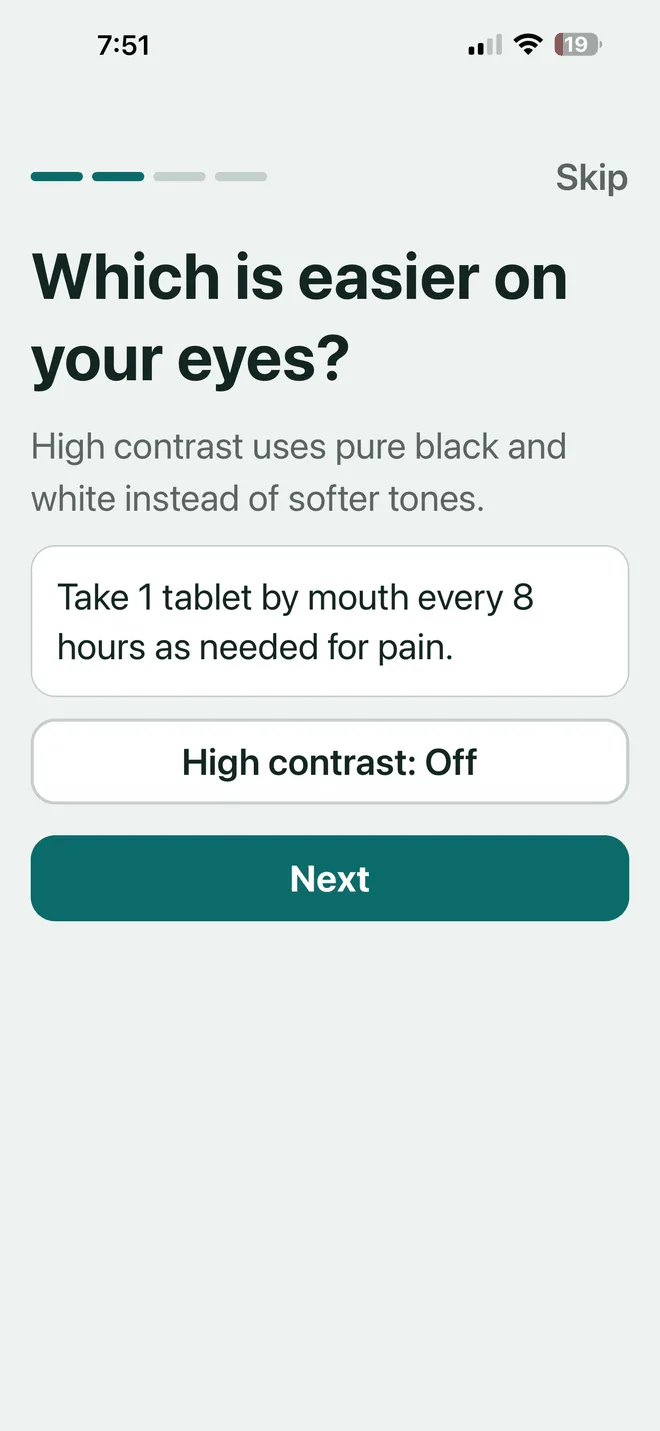 VerifyDrugLabel accessibility settings with text size and high contrast controls