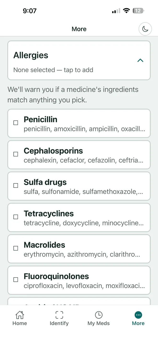 VerifyDrugLabel settings screen showing the allergy catalogue where each person's allergies are recorded