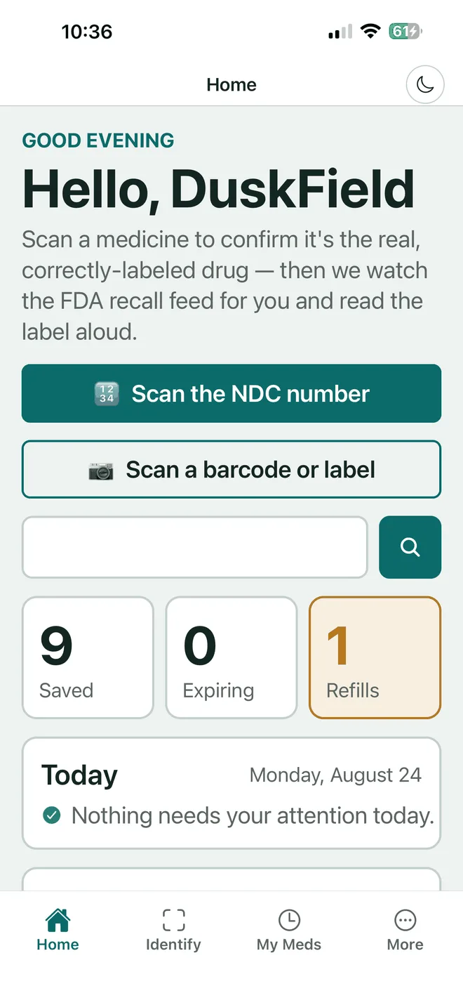 VerifyDrugLabel home screen with saved, expiring and refill counters and today's status