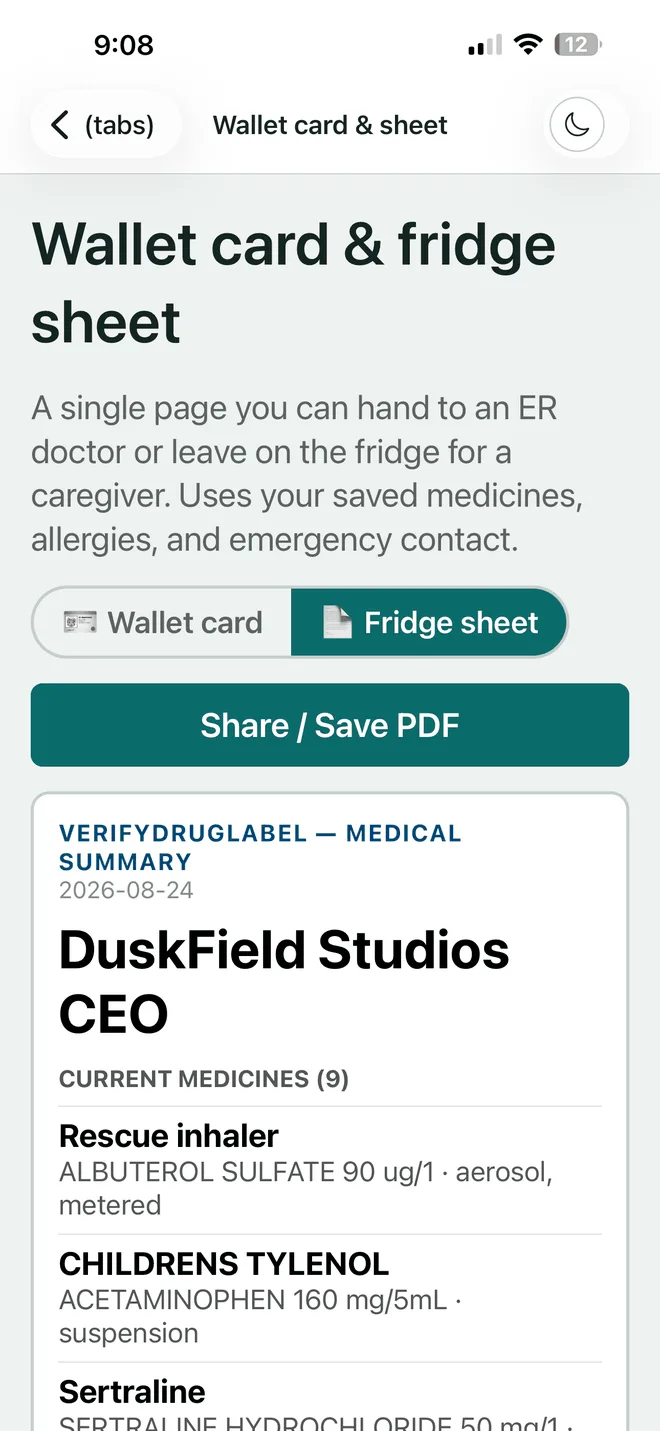 VerifyDrugLabel fridge sheet screen showing a one-page medicine list in large type