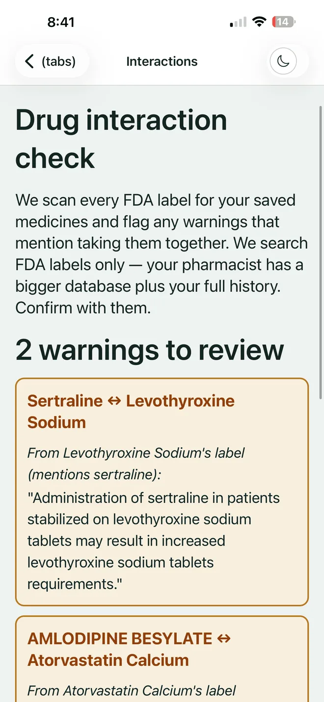 VerifyDrugLabel interaction check screen showing warnings quoted directly from FDA labels