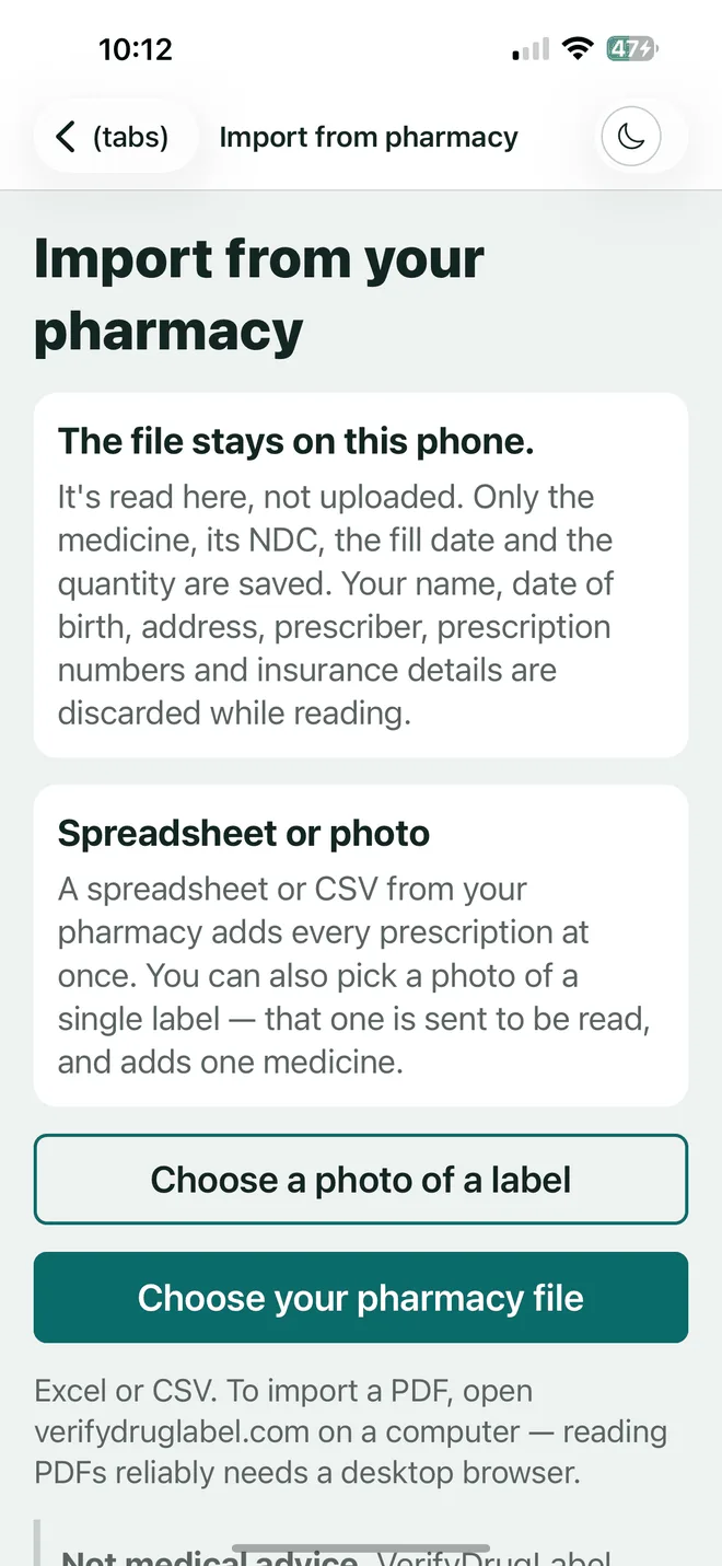 VerifyDrugLabel import screen offering to bring in a pharmacy prescription record from a file