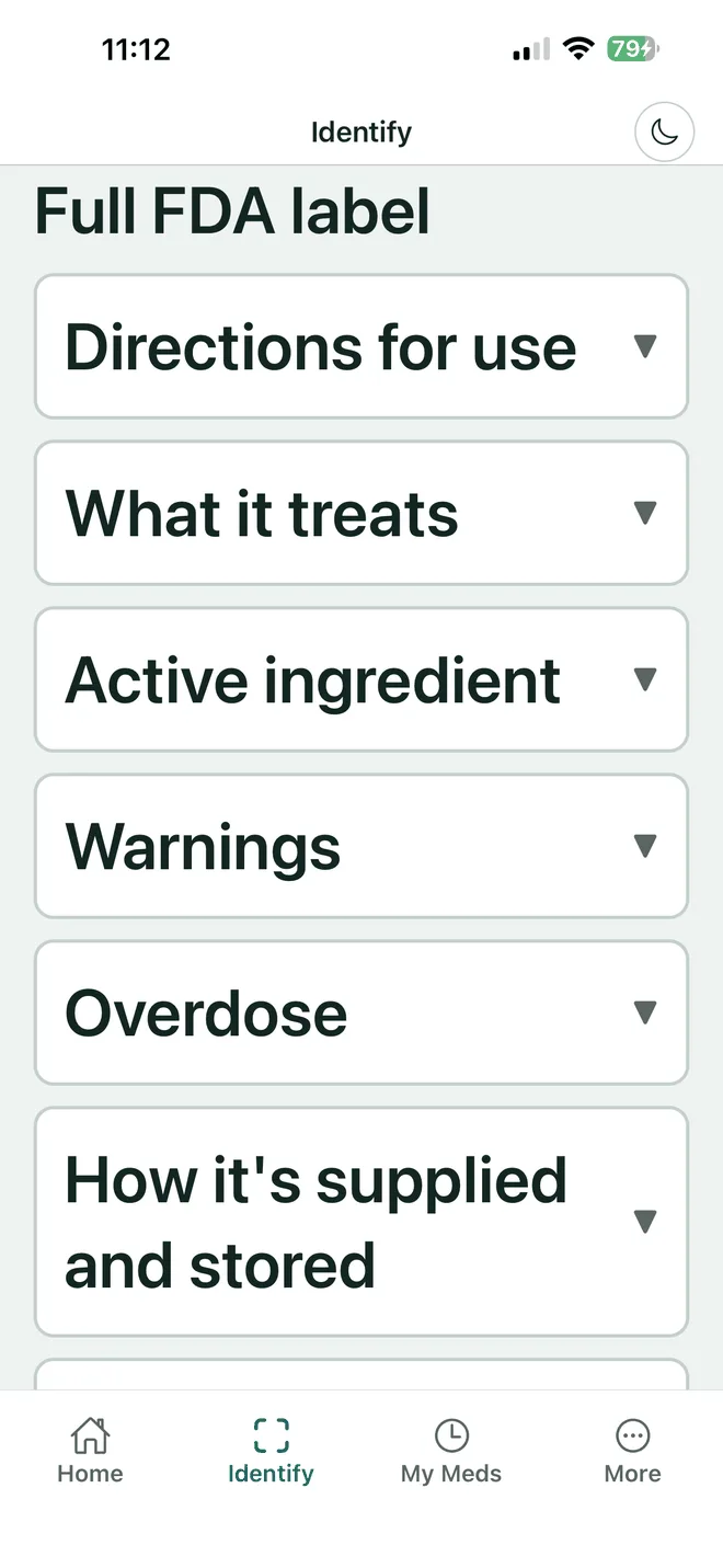 VerifyDrugLabel label screen listing the FDA label sections available for a medicine