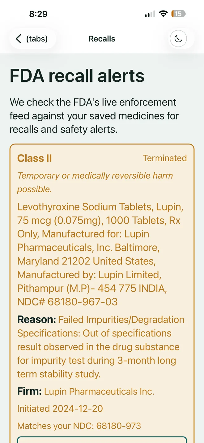 VerifyDrugLabel FDA recall alerts screen showing a recall matched against the user's own NDC