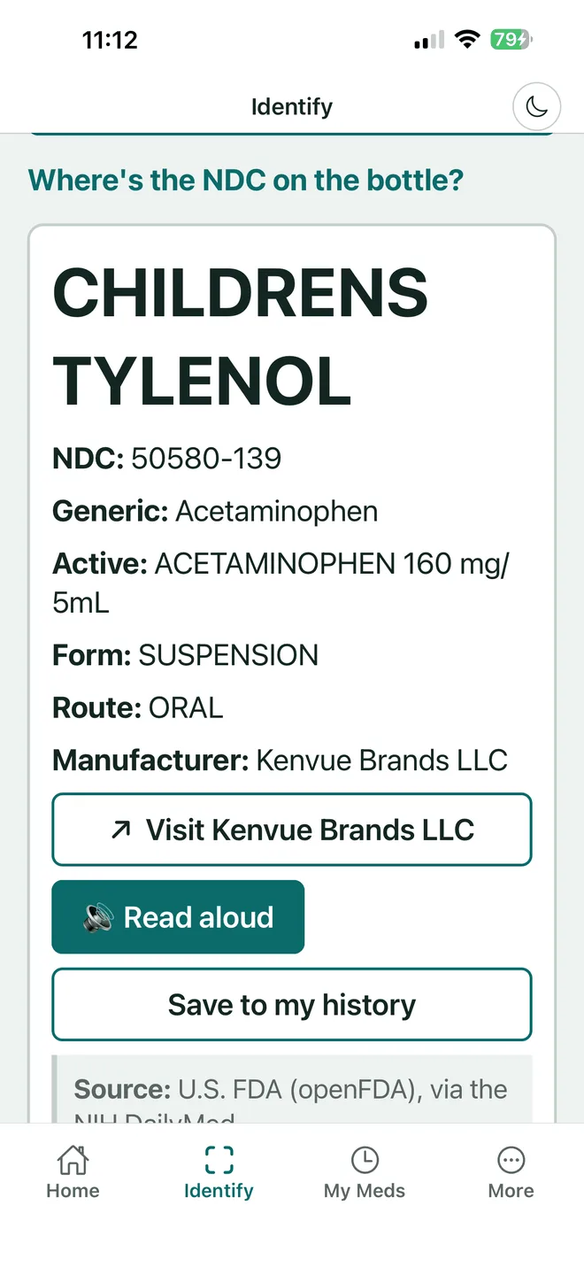 VerifyDrugLabel result screen showing a medicine's NDC, generic name, active ingredient, form, route and manufacturer, with Read aloud and Save buttons