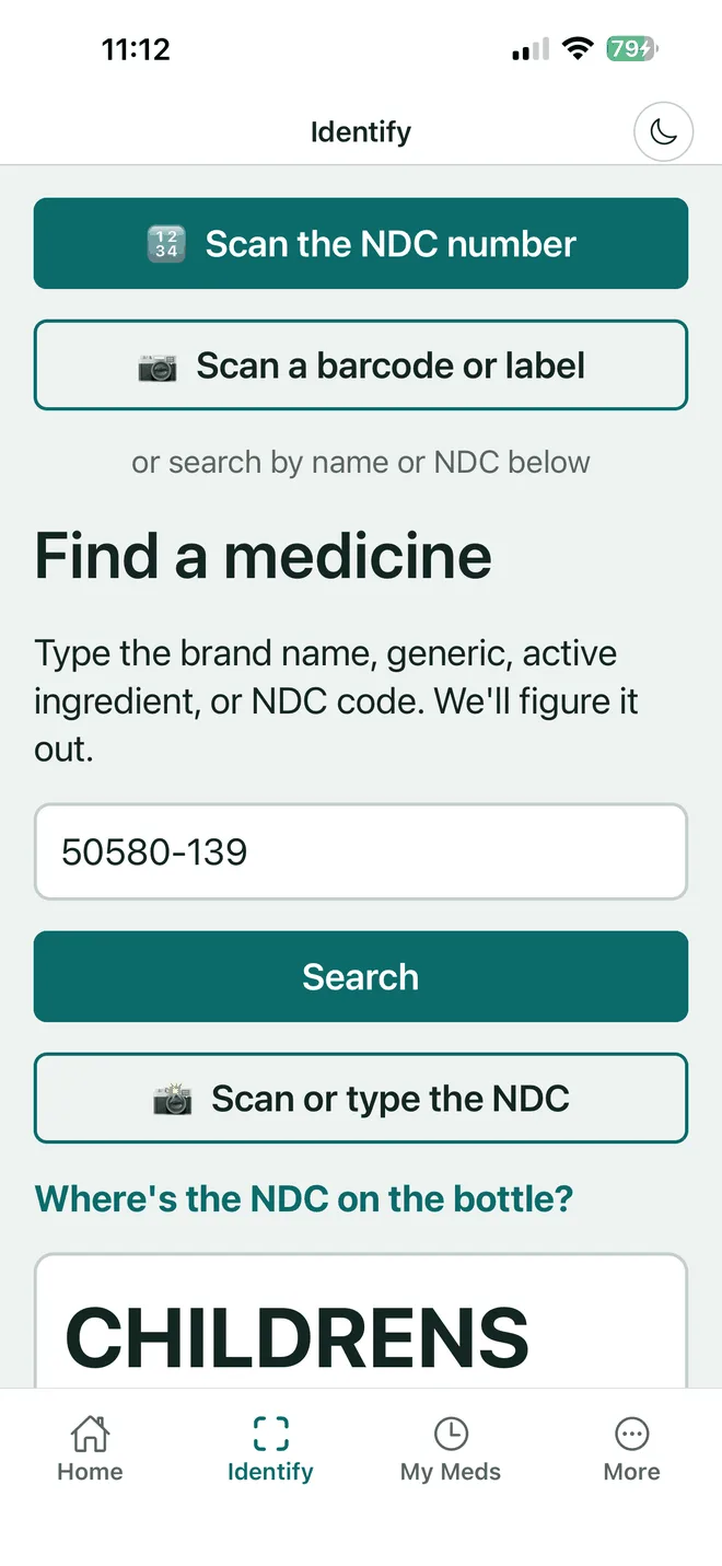 VerifyDrugLabel search screen with a large field for an NDC number or drug name