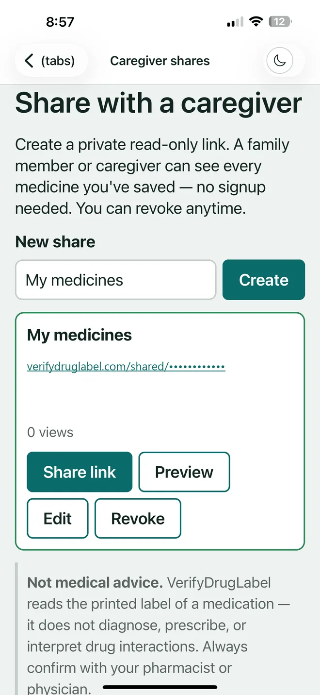 VerifyDrugLabel sharing screen showing an active caregiver link that can be revoked